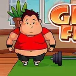 Postać w czerwonej koszulce stojąca na macie do ćwiczeń w pokoju z hantlami i dużym napisem Get Fit