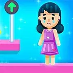 Postać z ciemnymi włosami i smutną miną, stojąca obok żółtej sukienki na manekinie na niebieskim tle