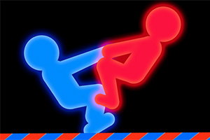 Dwóch stylizowanych ludziki: niebieski i czerwony, zwrócone ku sobie, na czarnym tle