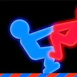 Dwóch stylizowanych ludziki: niebieski i czerwony, zwrócone ku sobie, na czarnym tle