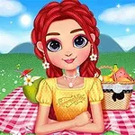 Dziewczyna z czerwonymi włosami siedzi na pikniku na łące, otoczona kwiatami i koszykiem z jedzeniem