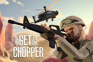 Żołnierz celujący karabinem z helikopterem w tle na tle pustynnego krajobrazu z napisem Get to the Chopper