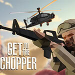 Żołnierz celujący karabinem z helikopterem w tle na tle pustynnego krajobrazu z napisem Get to the Chopper