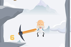 Stary człowiek z brodą siedzi w kotle, trzymając dużą kilof, unoszący się w górzystym krajobrazie