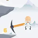 Stary człowiek z brodą siedzi w kotle, trzymając dużą kilof, unoszący się w górzystym krajobrazie