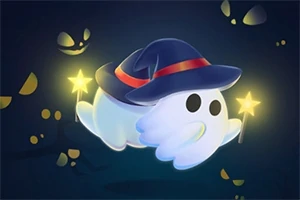 Uroczy duszek w niebieskim czarodziejskim kapeluszu trzymający magiczne różdżki na ciemnym tle z żółtymi oczami