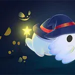 Uroczy duszek w niebieskim czarodziejskim kapeluszu trzymający magiczne różdżki na ciemnym tle z żółtymi oczami