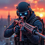 Postać w ciemnym hełmie z niebieskimi świecącymi okularami trzyma karabin na tle miasta o zachodzie słońca