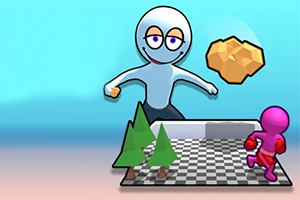 Postać przypominająca dużego ludzika z uśmiechem i przymrużonymi oczami trzymająca złotą bryłę, patrząca na mniejszą, różową postać na szachownicowej platformie z drzewami