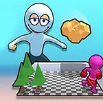 Postać przypominająca dużego ludzika z uśmiechem i przymrużonymi oczami trzymająca złotą bryłę, patrząca na mniejszą, różową postać na szachownicowej platformie z drzewami