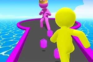 Żółta postać goni różową postać z koroną na kolorowej ścieżce nad wodą