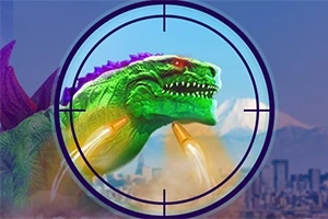 Zielony potwór z fioletowymi kolcami na grzbiecie uciekający z miasta w celowniku z widocznymi lecącymi pociskami