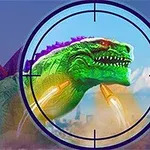 Zielony potwór z fioletowymi kolcami na grzbiecie uciekający z miasta w celowniku z widocznymi lecącymi pociskami