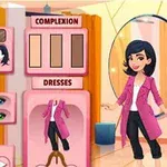 Postać kobiety w różowym płaszczu w wirtualnej przebieralni z wyborem kolorów włosów, oczu, ubrań i butów