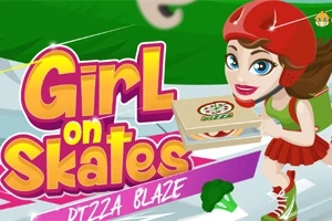 Dziewczynka w czerwonym kasku i stroju dostarcza pizzę na rolkach z napisem Girl on Skates Pizza Blaze