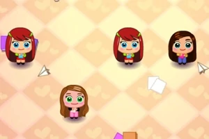 Kilka kreskówkowych postaci z dużymi oczami i różnymi fryzurami na jasnym tle w kratkę z serduszkami, otoczonych ikonkami papierowych samolotów