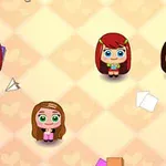 Kilka kreskówkowych postaci z dużymi oczami i różnymi fryzurami na jasnym tle w kratkę z serduszkami, otoczonych ikonkami papierowych samolotów