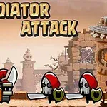 Postacie gladiatorów z mieczami i hełmami na tle starożytnych ruin z dużym tytułem Gladiator Attack