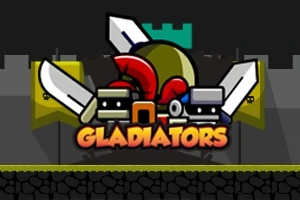 Kolorowa grafika przedstawiająca dwa rysunkowe hełmy gladiatorów na tle zamku z mieczami i napisem GLADIATORS