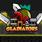 Kolorowa grafika przedstawiająca dwa rysunkowe hełmy gladiatorów na tle zamku z mieczami i napisem GLADIATORS