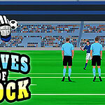 Bramkarz na boisku piłkarskim, dwóch sędziów, tłum na trybunach, a w górnej części ilustracji znajduje się para rękawic bramkarskich, piłki i tytuł Gloves of Block