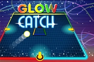Kolorowa plansza z neonowymi napisami GLOW CATCH, kolorową linią na obramowaniu i białymi świecącymi kulami na tle z liniami i gwiazdkami