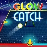 Kolorowa plansza z neonowymi napisami GLOW CATCH, kolorową linią na obramowaniu i białymi świecącymi kulami na tle z liniami i gwiazdkami