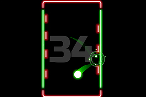 Neonowe linie tworzą prostokąt z pulsującą zieloną kulką i otaczającym ją pierścieniem na czarnym tle, a na środku znajduje się liczba 34