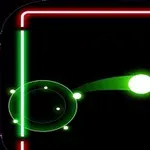 Neonowe linie tworzą prostokąt z pulsującą zieloną kulką i otaczającym ją pierścieniem na czarnym tle, a na środku znajduje się liczba 34