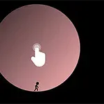 Czarna sylwetka postaci stojącej pod dużym, różowym okręgiem z ikoną białej dłoni wskazującą palcem