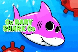 Różowy rekin z dużymi oczami pływa w niebieskiej wodzie obok czerwonych min morskich, a obok znajduje się napis Go BABY SHARK Go