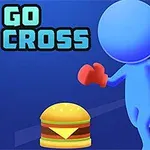 Niebieska postać z czerwoną rękawicą biegnie w stronę hamburgera na niebieskim tle z napisem GO CROSS