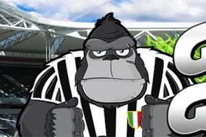 Smutny, kreskówkowy goryl w czarno-białym pasiastym stroju sportowym na tle stadionu