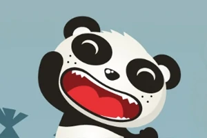 Uśmiechający się rysunkowy panda z dużymi oczami i otwartym pyszczkiem na niebiesko-szarym tle