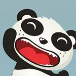 Uśmiechający się rysunkowy panda z dużymi oczami i otwartym pyszczkiem na niebiesko-szarym tle