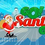 Święty Mikołaj z workiem pełnym prezentów idzie po zaśnieżonej drodze, a w tle widnieją słowa Go!