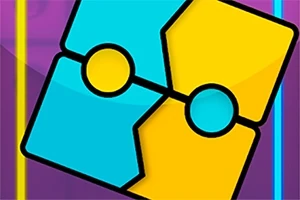 Dwa kolorowe puzzle, niebieski i żółty, połączone w jedną całość na fioletowym tle z pionowymi liniami