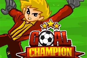 Postać w czerwonym stroju piłkarskim rzucająca się na trawiaste pole z napisem Goal Champion z piłką nożną i trzema gwiazdami