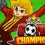 Postać w czerwonym stroju piłkarskim rzucająca się na trawiaste pole z napisem Goal Champion z piłką nożną i trzema gwiazdami