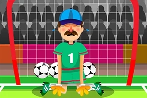 Bramkarz z wąsami i niebieską czapką w zielonym stroju klęczy przed bramką z trzema piłkami futbolowymi za sobą