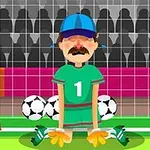 Bramkarz z wąsami i niebieską czapką w zielonym stroju klęczy przed bramką z trzema piłkami futbolowymi za sobą