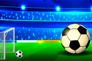 Duża piłka nożna na boisku z bramką i oświetloną trybuną w tle