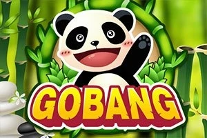 Pandka z podniesioną łapą w otoczeniu bambusa, z napisem GOBANG