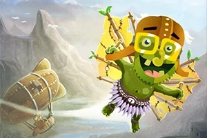 Zielony stwór z dużymi okularami i skrzydłami z liści leci w powietrzu na tle gór i sterowca