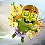 Zielony stwór z dużymi okularami i skrzydłami z liści leci w powietrzu na tle gór i sterowca