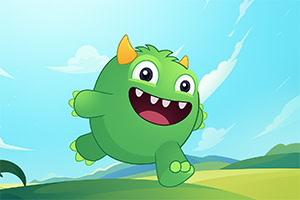 Zielony, roześmiany potworek z żółtymi rogami biegnący na tle słonecznego, kreskówkowego krajobrazu