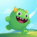 Zielony, roześmiany potworek z żółtymi rogami biegnący na tle słonecznego, kreskówkowego krajobrazu