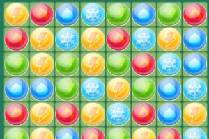 Kolorowe kulki z ikonami błyskawic, płatków śniegu i kropli wody ułożone w siatkę