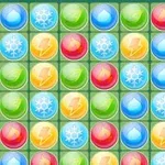 Kolorowe kulki z ikonami błyskawic, płatków śniegu i kropli wody ułożone w siatkę