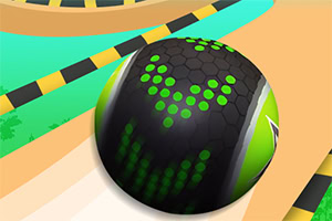 Czarna kula z zielonymi wzorami i sześciokątną teksturą toczącą się po kolorowej trasie